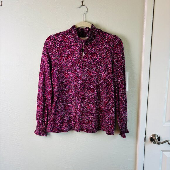 J.Jill Smocked Floral Print Mock Neck Knit Shirt Magenta Pink Purple Top NWT S - Picture 2 of 10